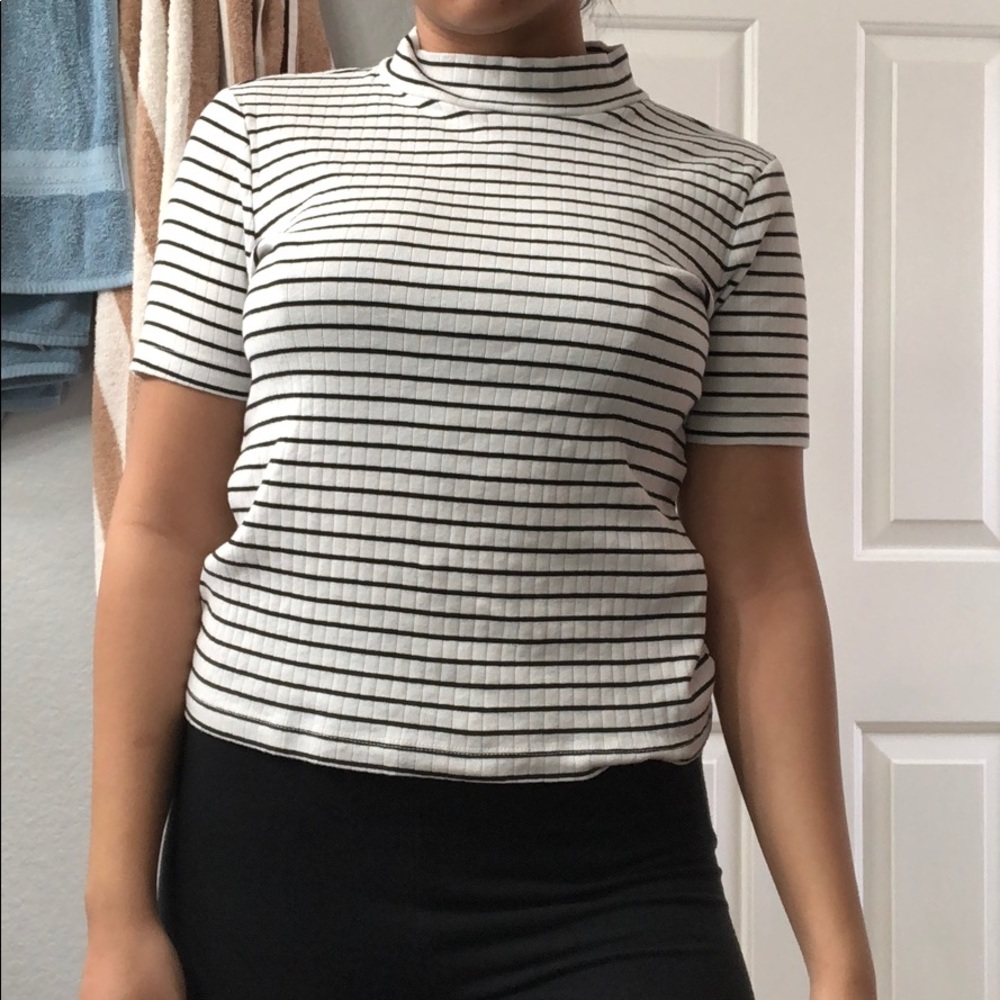 White and Black Striped Crew Neck Top